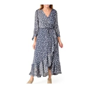 Harlow & Rose Gray Polka Dot Faux Wrap Midi Dress Ruffle Hem Medium NEW